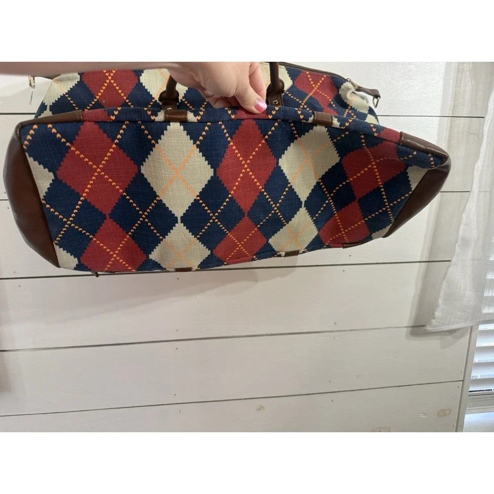 LULU DHARMA Stewart Blue Red Argyle Vegan‎ Leather Duffel Handbag NEW